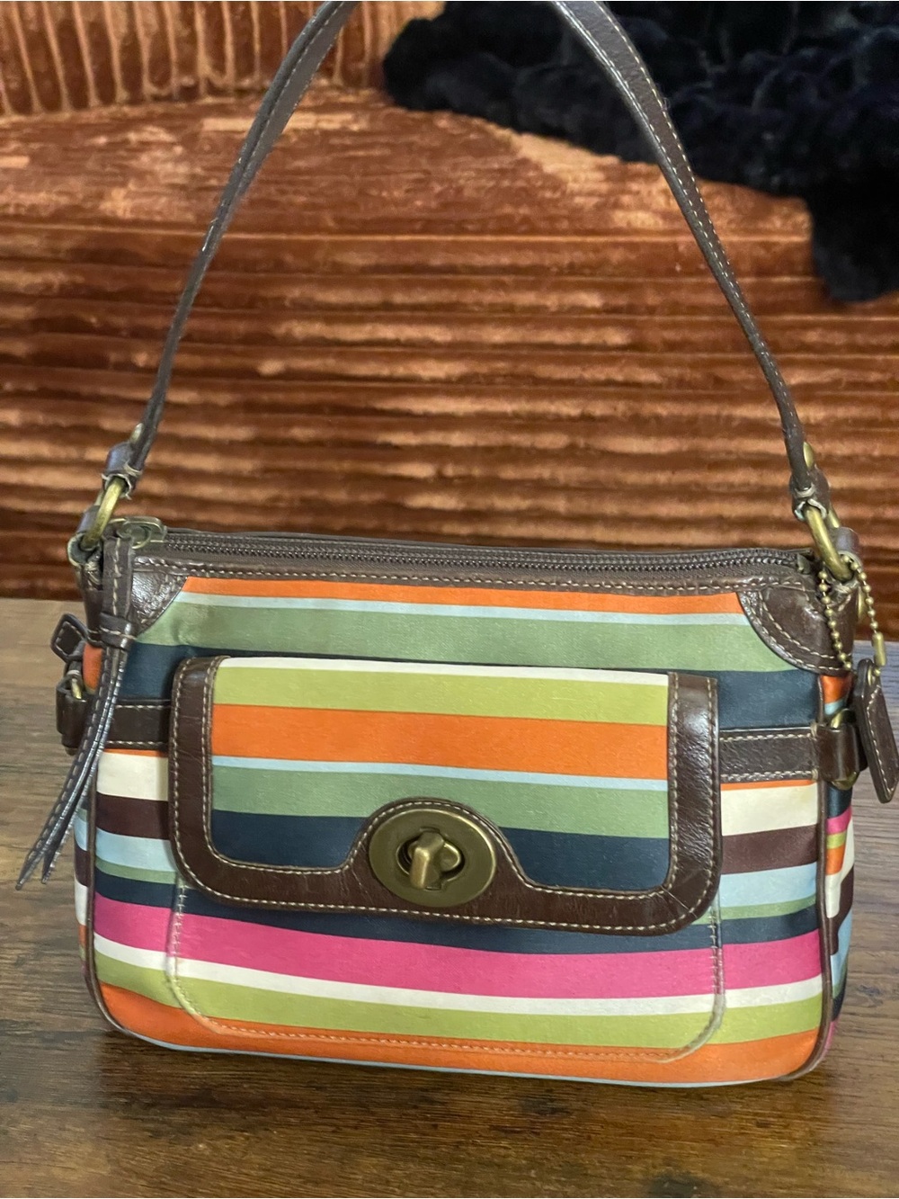 COACH 2008 Sateen Legacy Stripe Shoulder Bag w/Brown Leather Trim